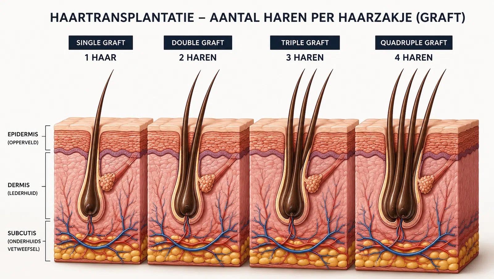 Aantal Haren per Graft bij Haartransplantatie | FUE CT Methode Medische illustratie van verschillende grafttypes bij haartransplantatie, waaronder single grafts, double grafts, triple grafts en quadruple grafts. Binnen de FUE CT methode ligt de focus op het zorgvuldig extraheren en behouden van multigrafts voor hogere dichtheid en een natuurlijk eindresultaat.