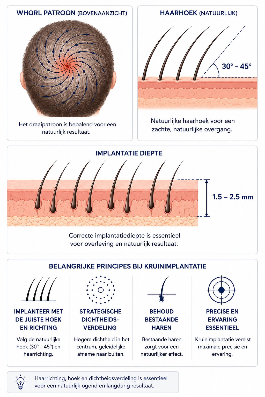 FUE CT kruinimplantatie en natuurlijke haarrichting Medische illustratie van kruinimplantatie, haarrichting en implantatiediepte bij een FUE CT haartransplantatie