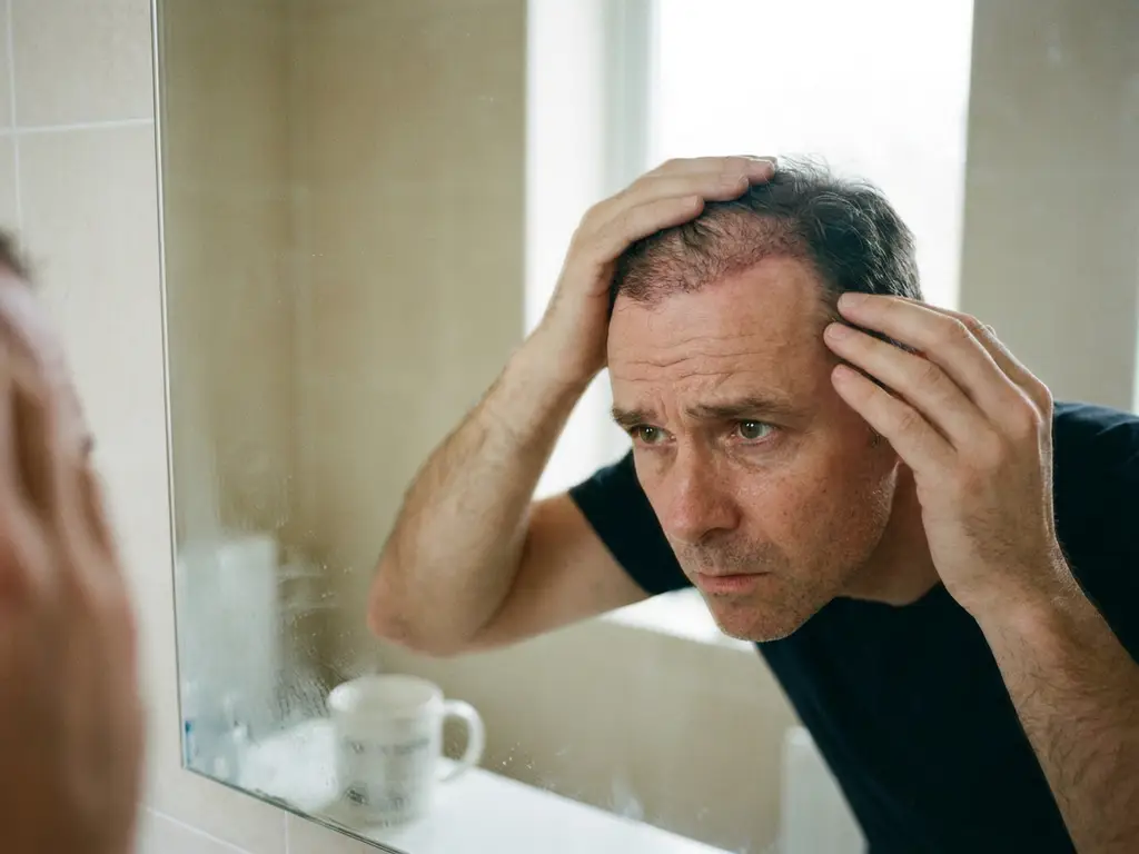 Bezorgde man controleert haartransplantatie en dunner wordend haar in badkamerspiegel, met zichtbare nieuwe haartjes