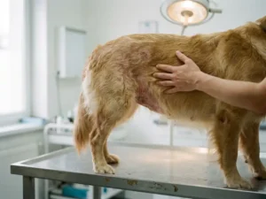 Hondenvacht met rode, geïrriteerde stressplekken op de flank, onderzocht op een dierenartstafel in een kliniek